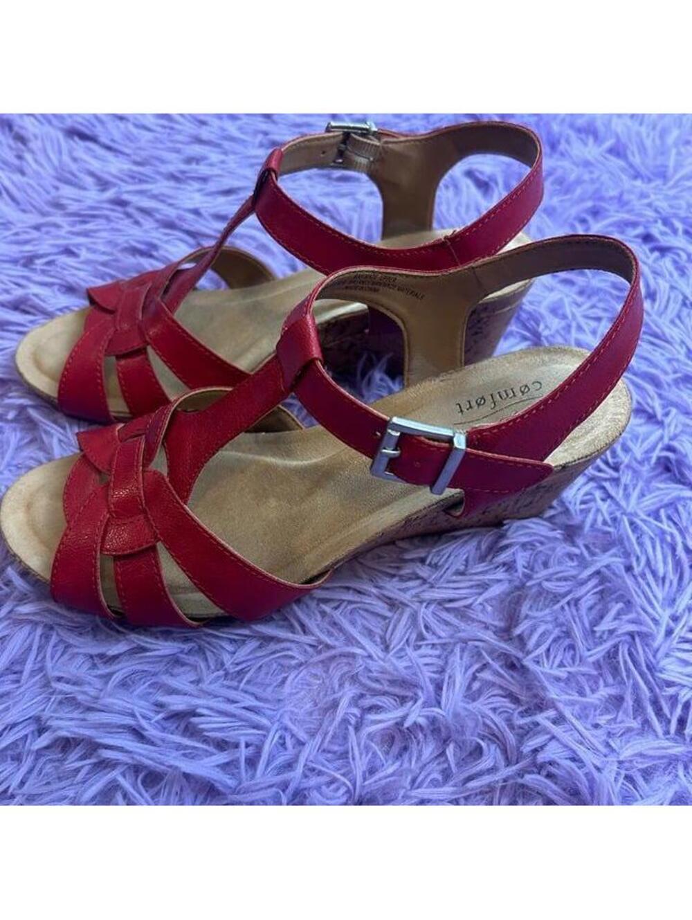 b.o.c. Women’s Red Comfort Wedge Sandals Size 8M Cork Heel Strappy Shoes